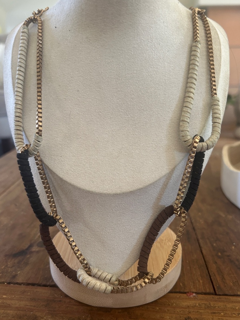 Vintage Multi-Strand Leather and Chain Necklace - Beige, Brown, Black